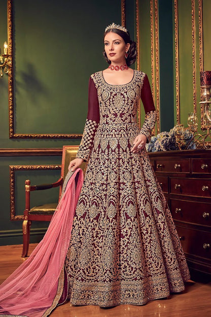 Burgundy All Over Traditional Embroidered Designer Anarkali Suit