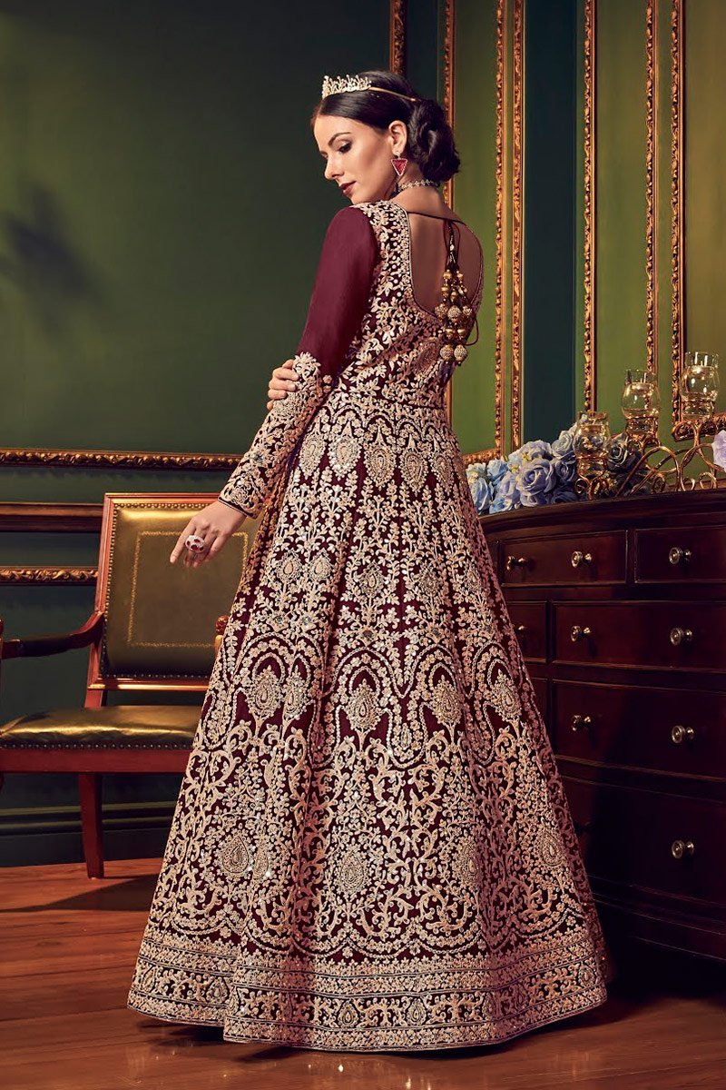 Burgundy All Over Traditional Embroidered Designer Anarkali Suit