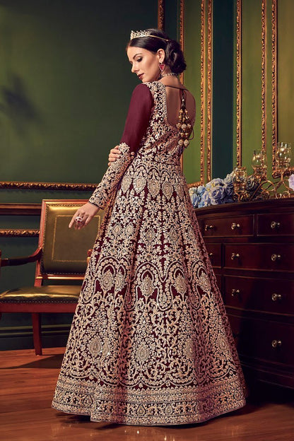 Burgundy All Over Traditional Embroidered Designer Anarkali Suit