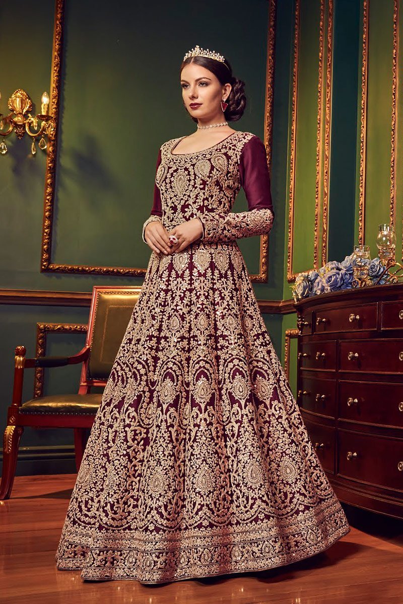 Burgundy All Over Traditional Embroidered Designer Anarkali Suit