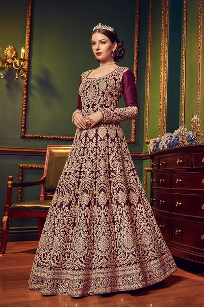 Burgundy All Over Traditional Embroidered Designer Anarkali Suit