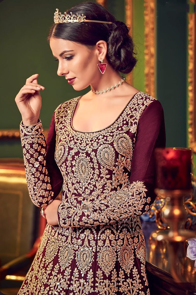 Burgundy All Over Traditional Embroidered Designer Anarkali Suit