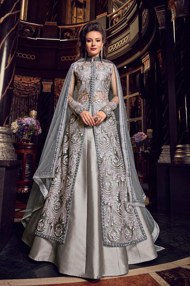 Greyish Silver Ethnic Embroidered Designer Lehenga Kurti Set