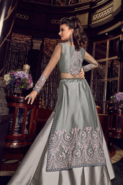 Greyish Silver Ethnic Embroidered Designer Lehenga Kurti Set