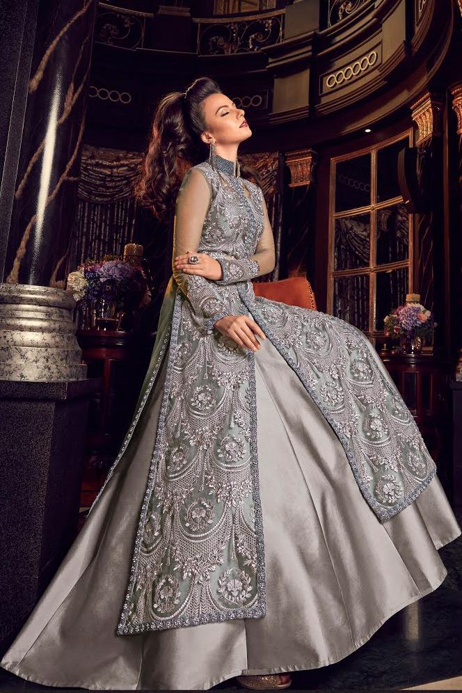 Greyish Silver Ethnic Embroidered Designer Lehenga Kurti Set