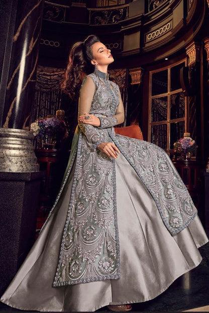 Greyish Silver Ethnic Embroidered Designer Lehenga Kurti Set
