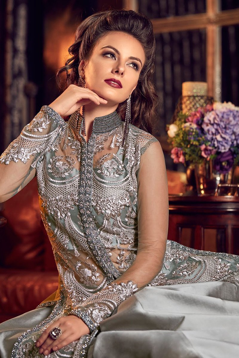Greyish Silver Ethnic Embroidered Designer Lehenga Kurti Set
