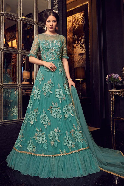 Turquoise Blue Bunch Embroidered Party Wear Anarkali Suits