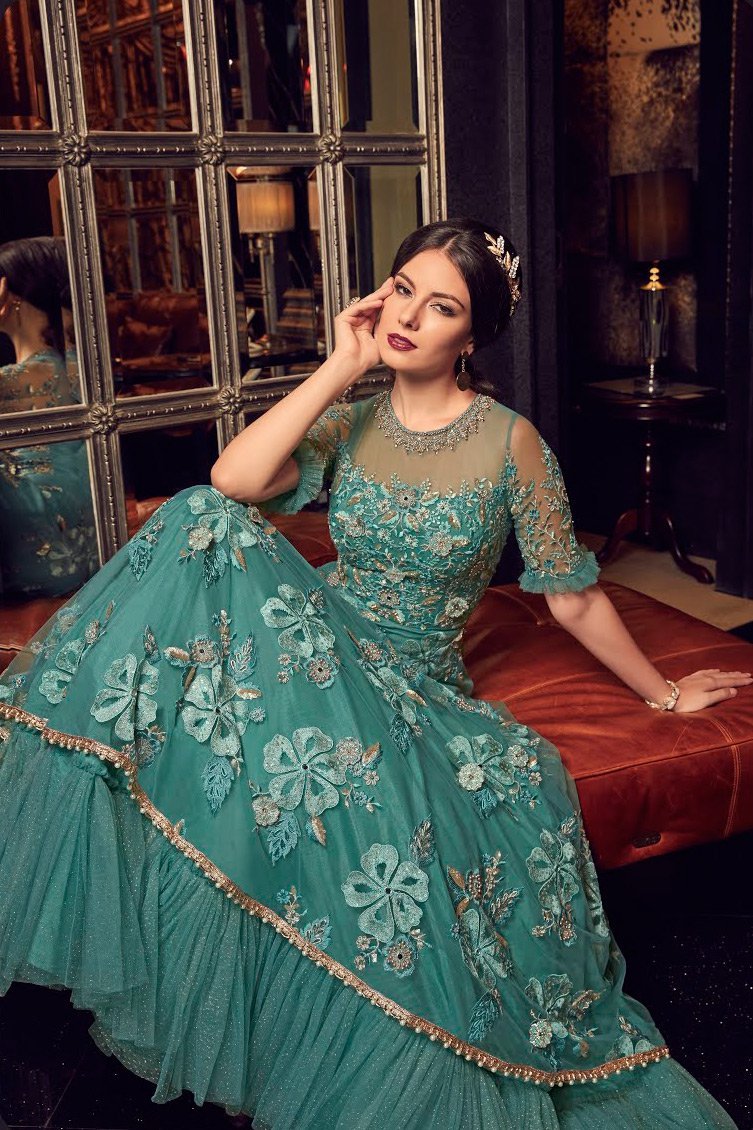 Turquoise Blue Bunch Embroidered Party Wear Anarkali Suits