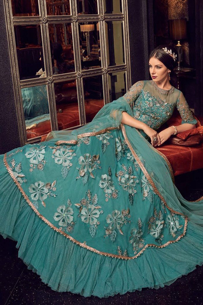 Turquoise Blue Bunch Embroidered Party Wear Anarkali Suits
