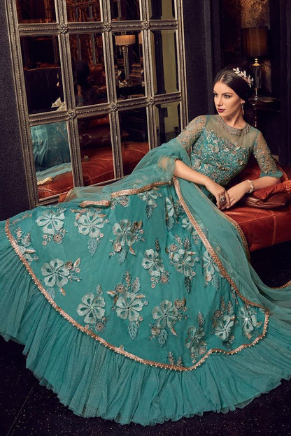 Turquoise Blue Bunch Embroidered Party Wear Anarkali Suits