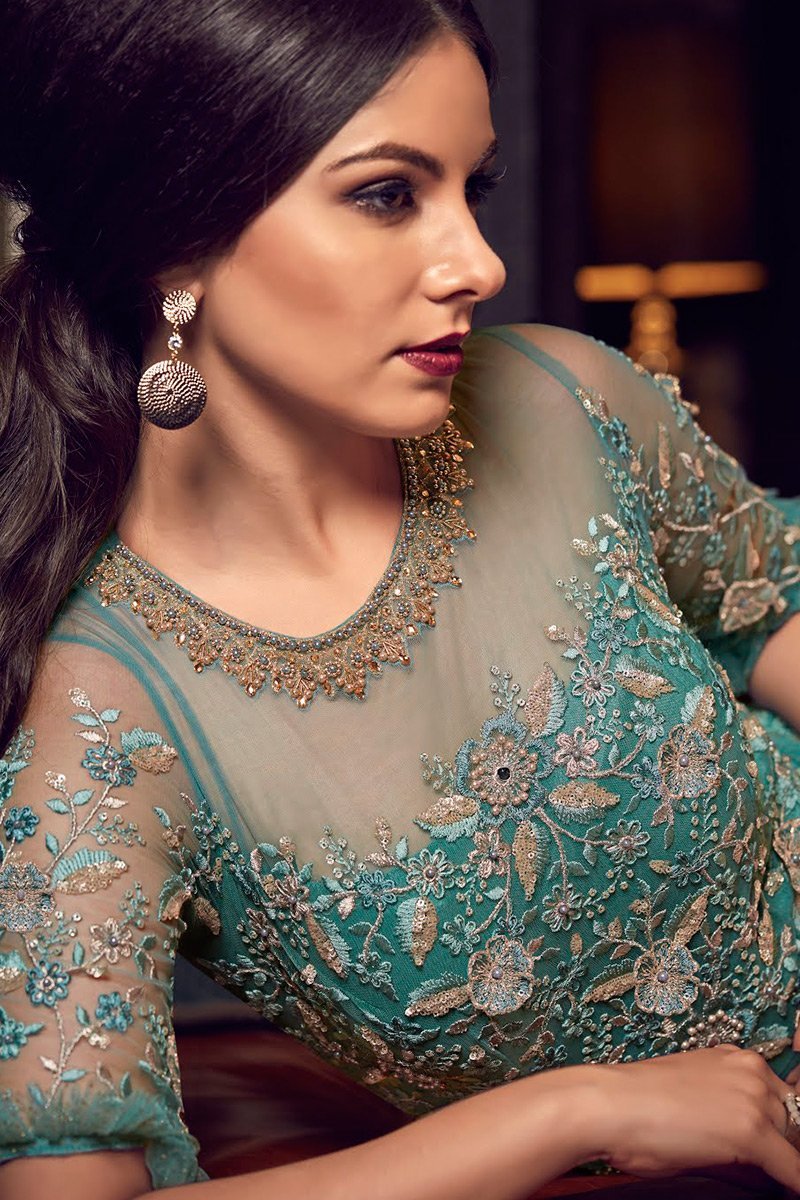 Turquoise Blue Bunch Embroidered Party Wear Anarkali Suits