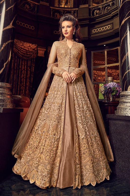 Pastel Orange With Golden Embroidered Party Wear Anarkali Suit