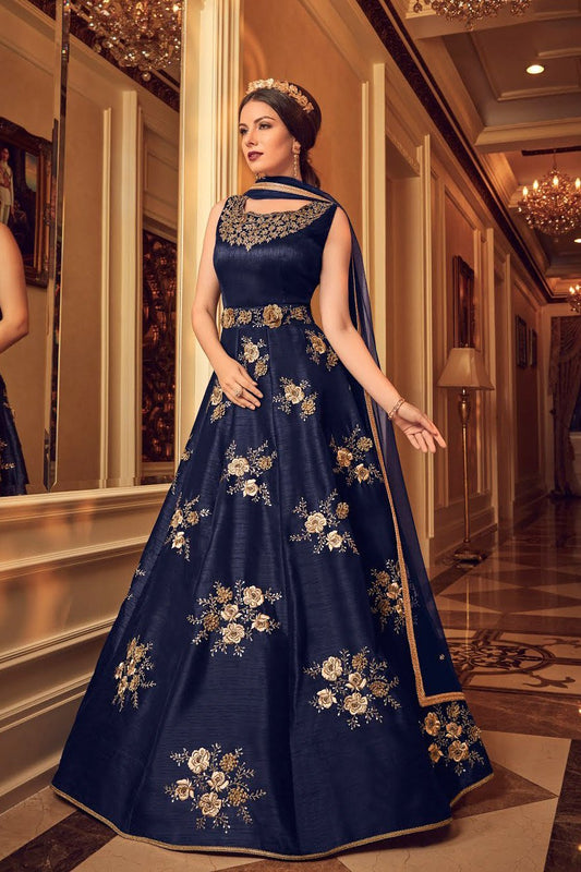 Blue With Detailed Bunch Embroidered Party Wear Anarkali Suit