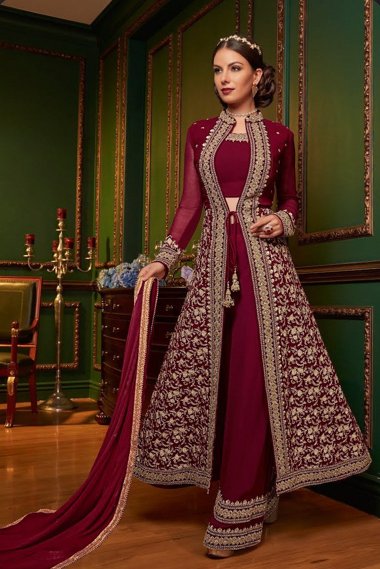 Red Rouge Ethnic Embroidered Jacket Style Palazzo Suit