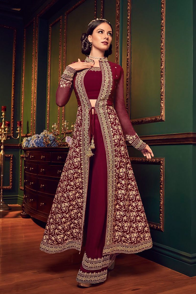 Red Rouge Ethnic Embroidered Jacket Style Palazzo Suit