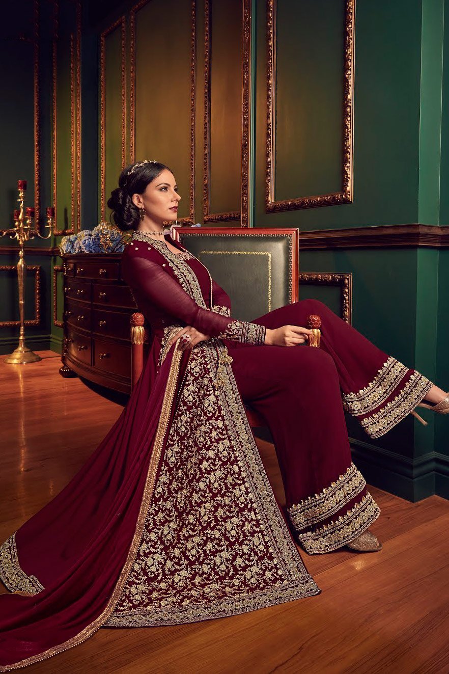 Red Rouge Ethnic Embroidered Jacket Style Palazzo Suit