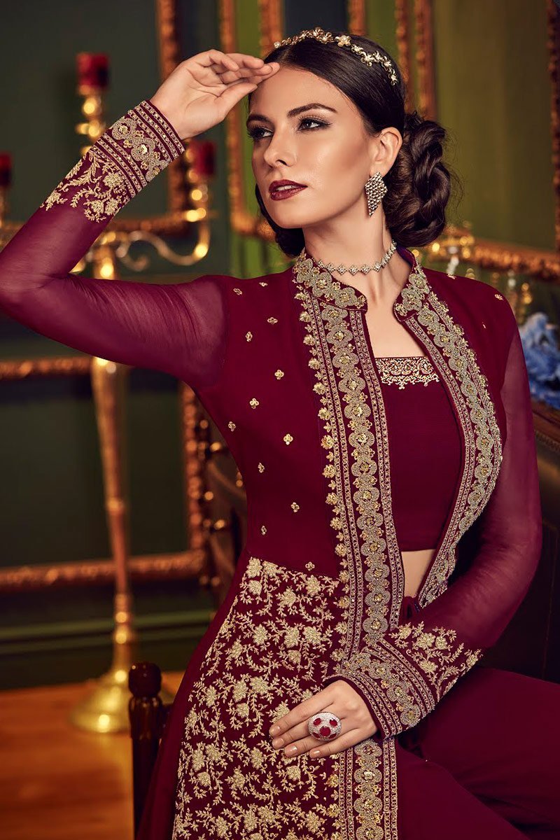 Red Rouge Ethnic Embroidered Jacket Style Palazzo Suit