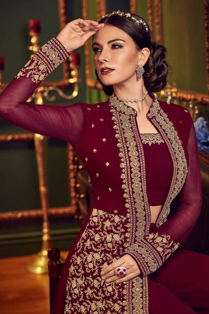 Red Rouge Ethnic Embroidered Jacket Style Palazzo Suit
