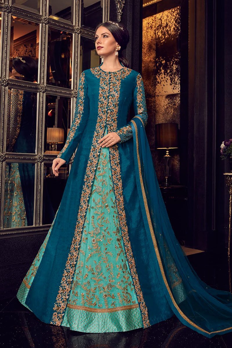 Blue In Dual Tone Traditional Embroidered Party wear Anarkali Suit