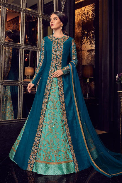 Blue In Dual Tone Traditional Embroidered Party wear Anarkali Suit