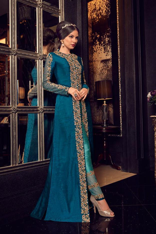Blue In Dual Tone Traditional Embroidered Party wear Anarkali Suit