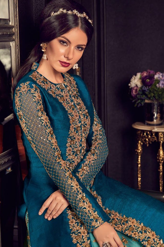 Blue In Dual Tone Traditional Embroidered Party wear Anarkali Suit