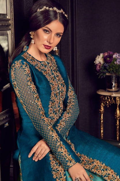 Blue In Dual Tone Traditional Embroidered Party wear Anarkali Suit