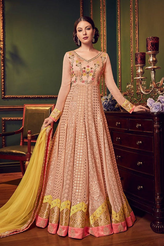 Peach Multi Embroidered Flared Designer Anarkali Suit