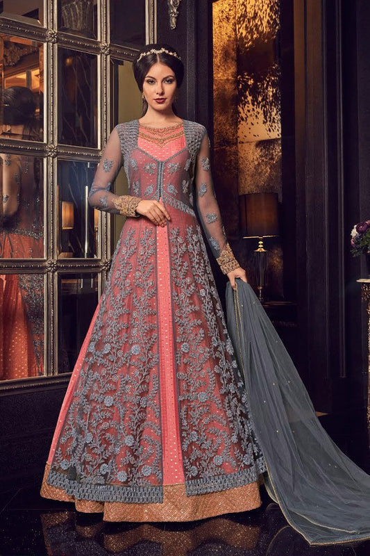 Peach And Grey Minimalist Embroidered Jacket Style Anarkali Suit