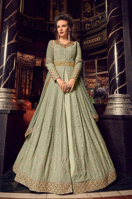 Pista Green With Golden Embroidered Party Wear Anarkali Suit