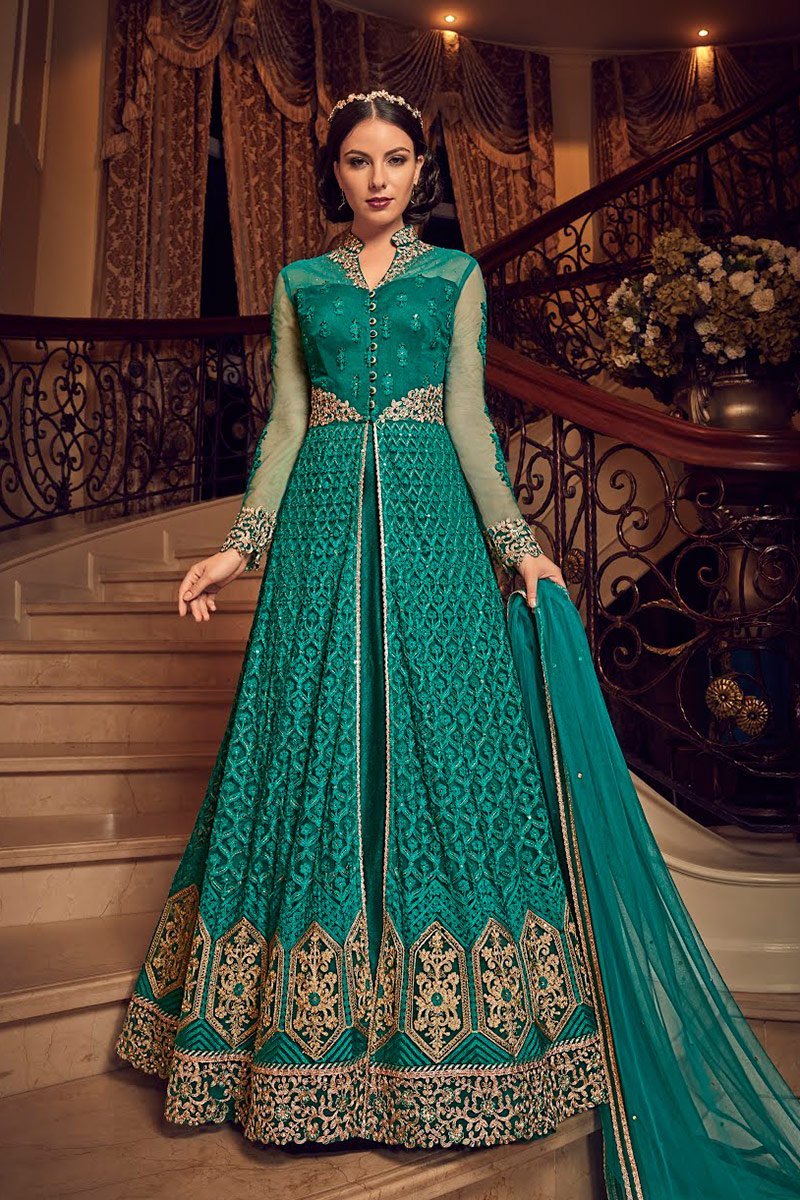 Green All Slit Style Embroidered Party wear Anarkali Suit