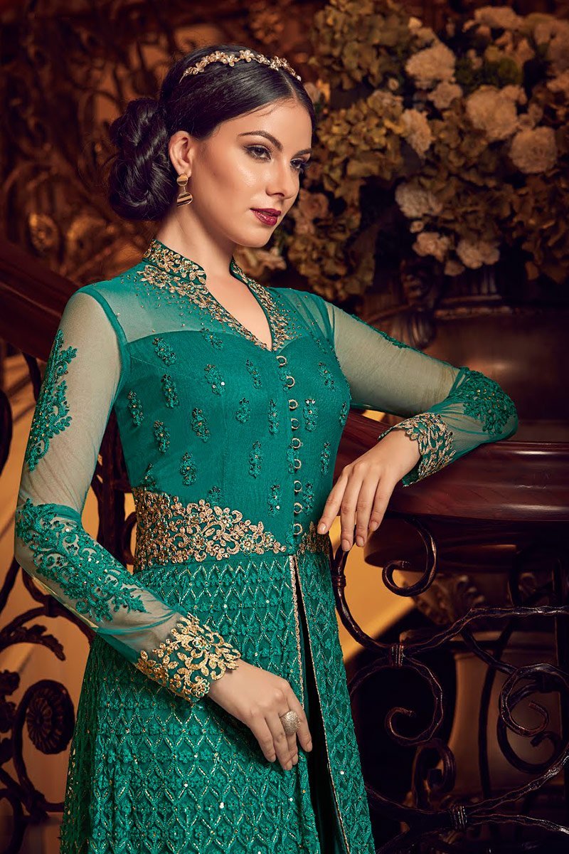 Green All Slit Style Embroidered Party wear Anarkali Suit
