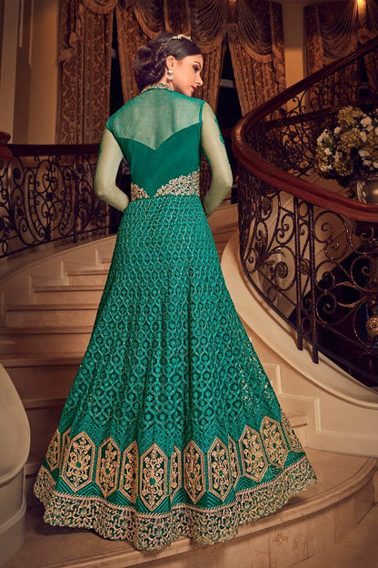 Green All Slit Style Embroidered Party wear Anarkali Suit