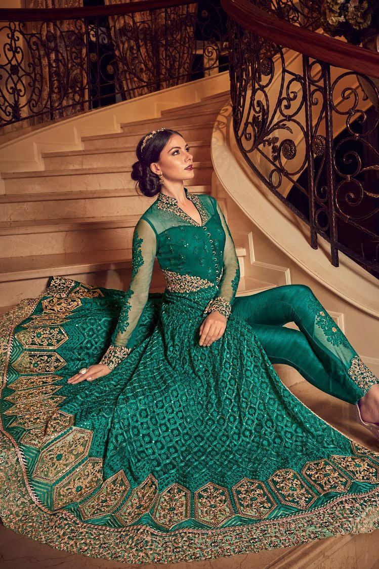 Green All Slit Style Embroidered Party wear Anarkali Suit