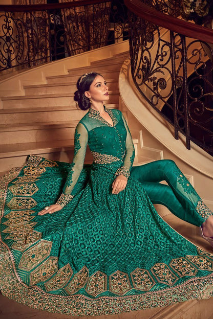 Green All Slit Style Embroidered Party wear Anarkali Suit