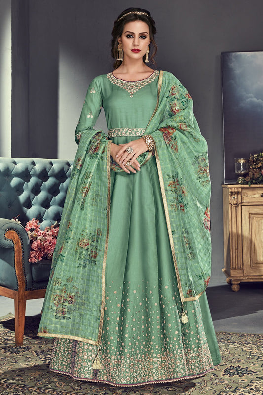 Tussar Silk Anarkali suit in Spring Green color