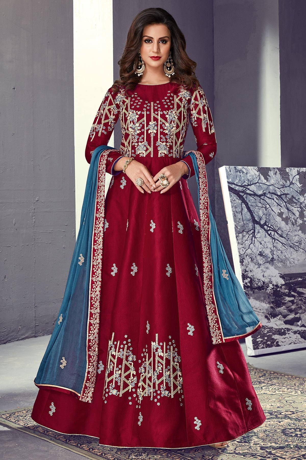 Tussar Silk Anarkali suit in Burgundy