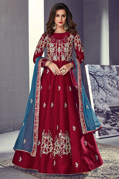 Tussar Silk Anarkali suit in Burgundy