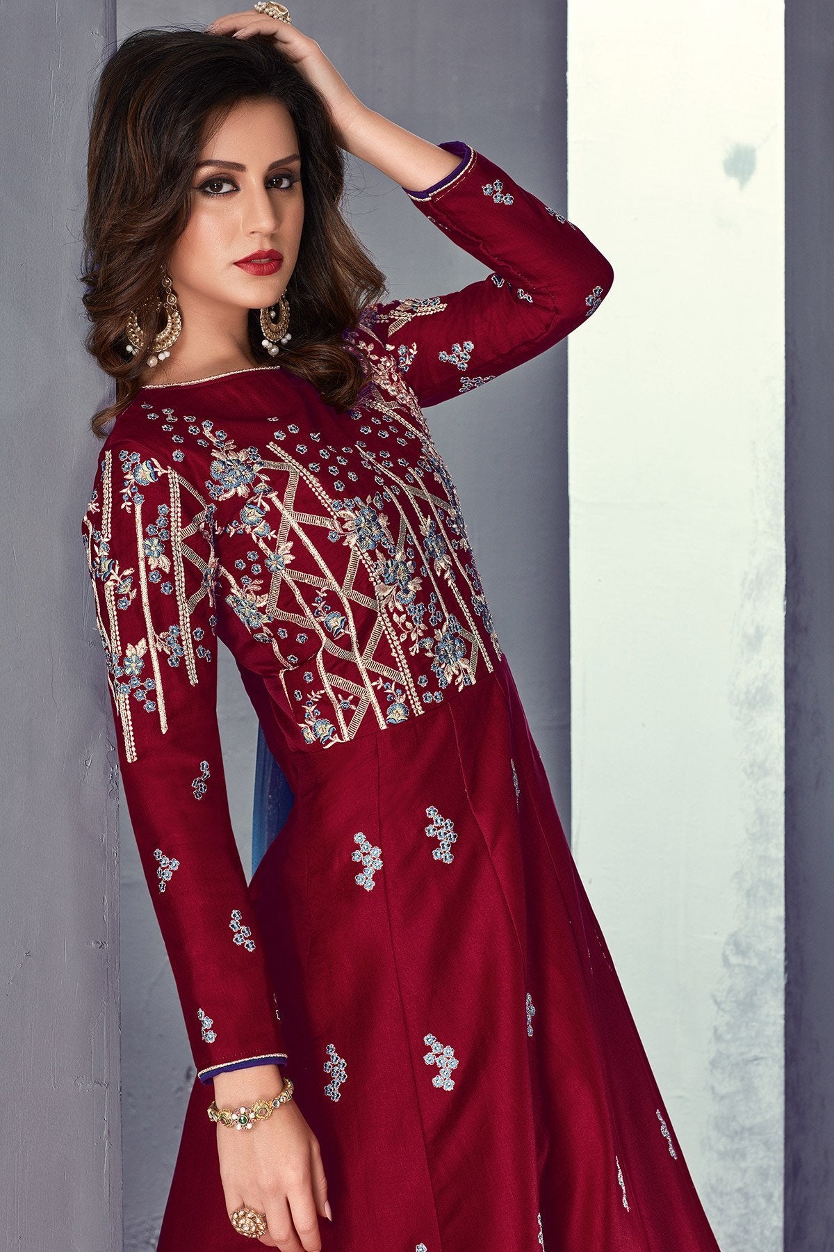 Tussar Silk Anarkali suit in Burgundy