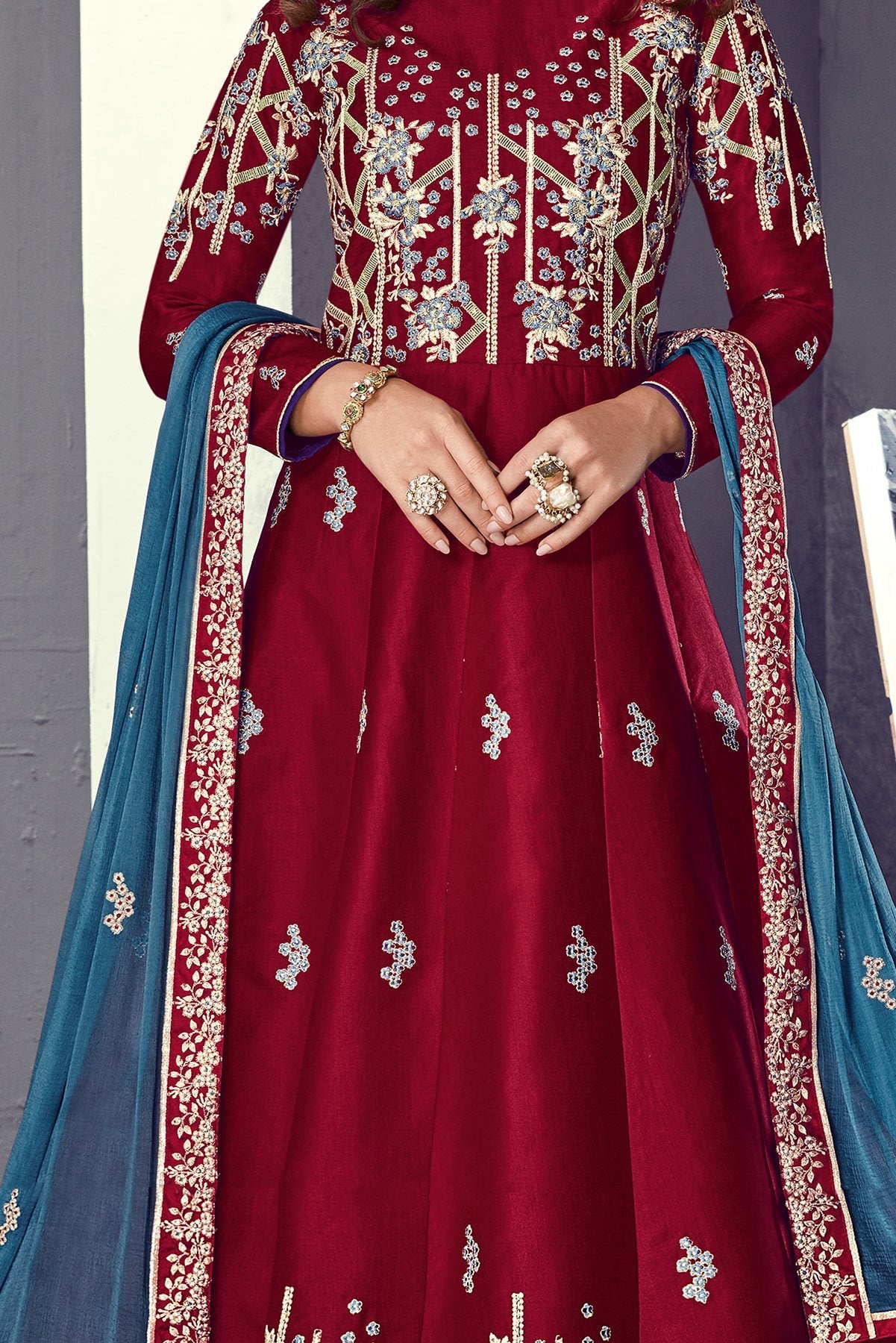Tussar Silk Anarkali suit in Burgundy
