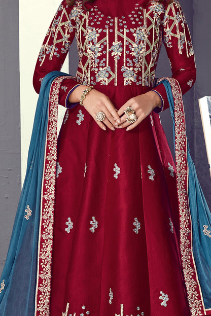 Tussar Silk Anarkali suit in Burgundy