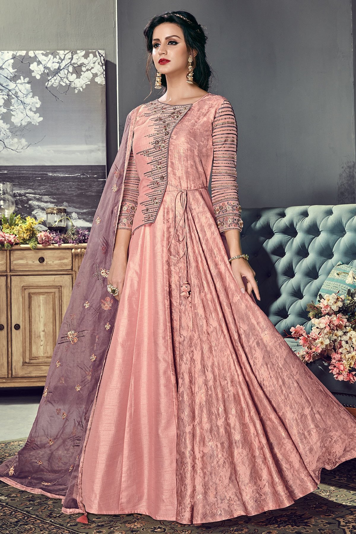 Blue & French Terry stars Ruddy Pink Silk Anarkali Suit