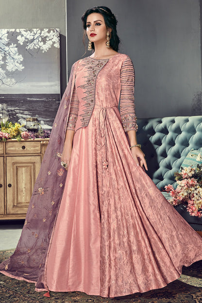 Blue & French Terry stars Ruddy Pink Silk Anarkali Suit