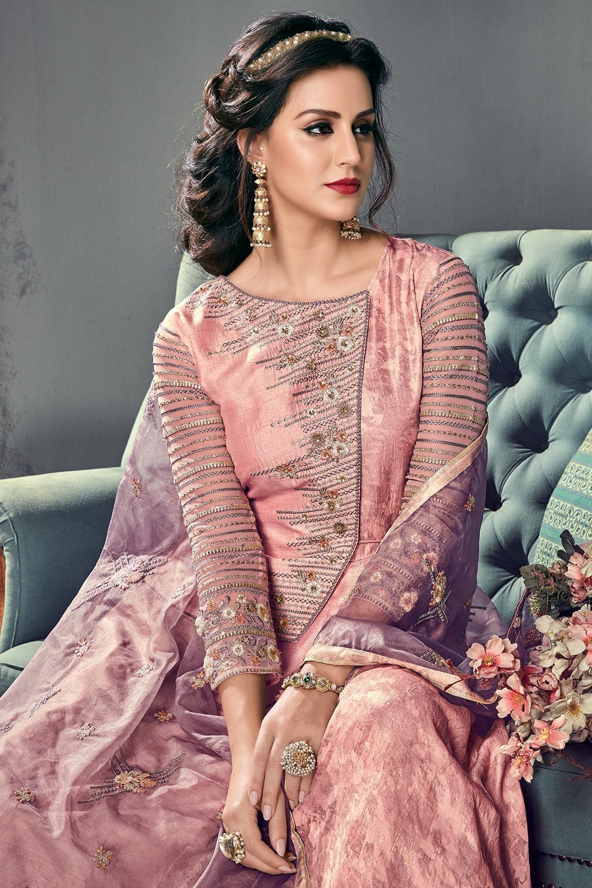 Blue & French Terry stars Ruddy Pink Silk Anarkali Suit