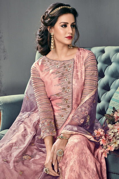Blue & French Terry stars Ruddy Pink Silk Anarkali Suit