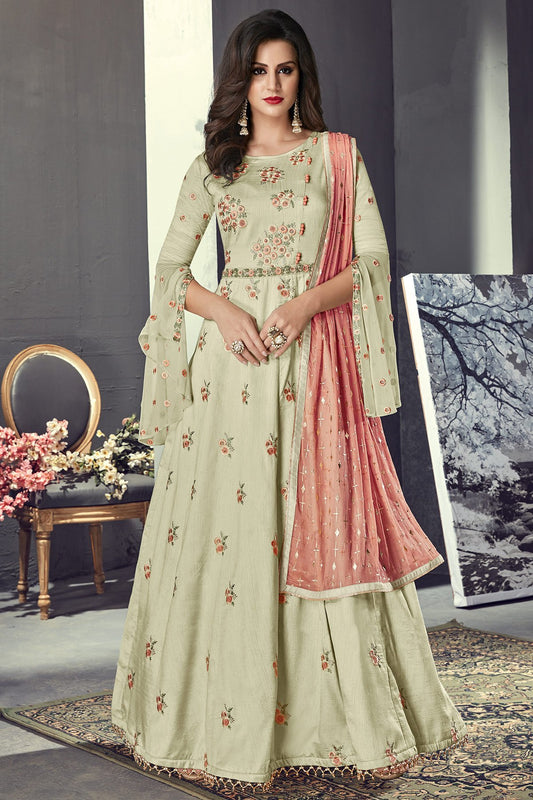 Blue Star Silk Ivory White Anarkali suit