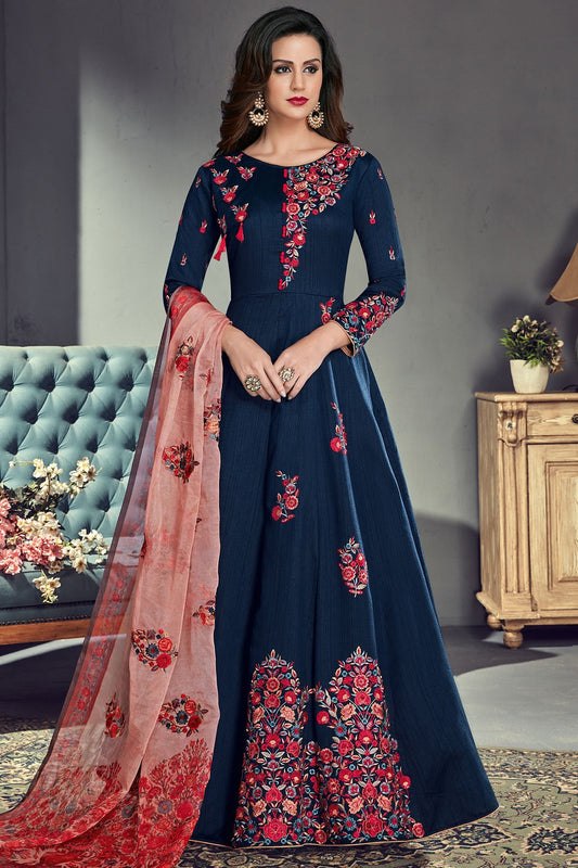 Oxford Blue Silk Party Wear Anarkali suit