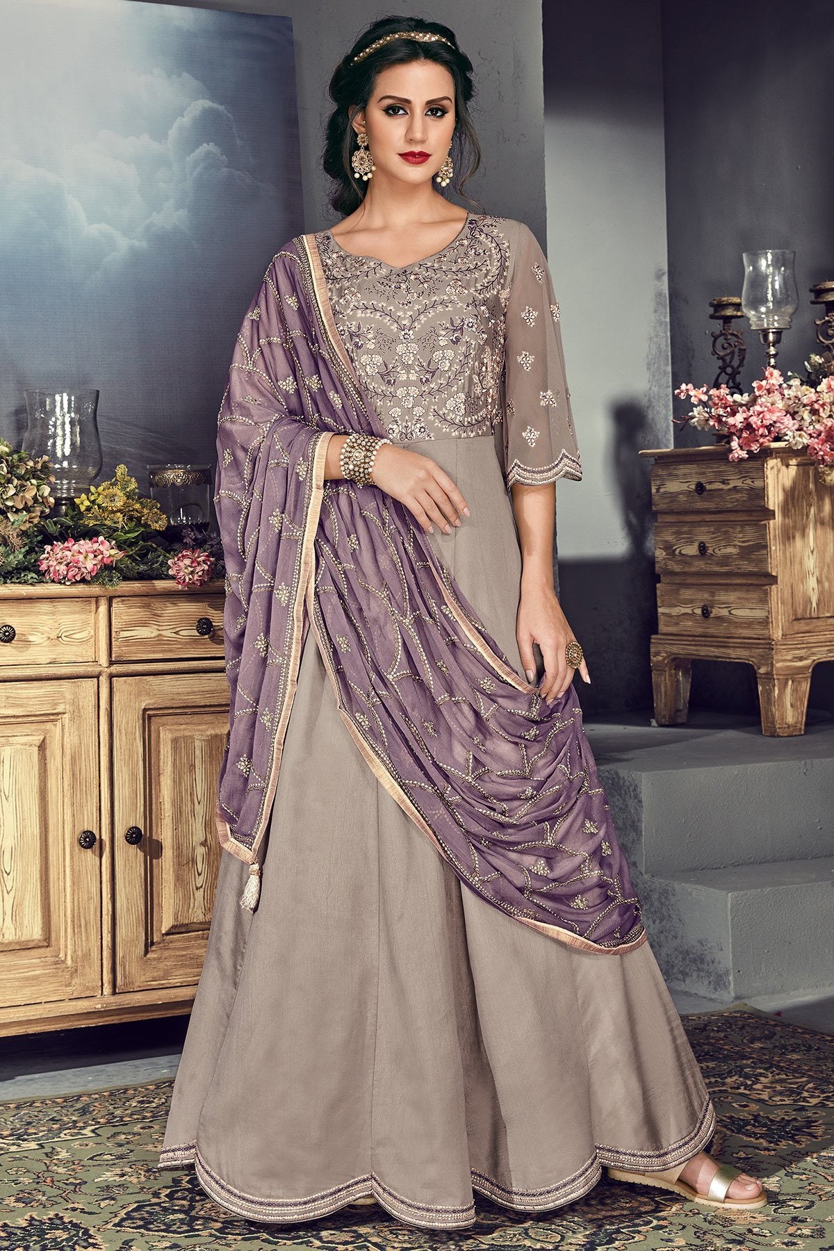 Faint Mauve Tussar Silk Party Wear Anarkali suit