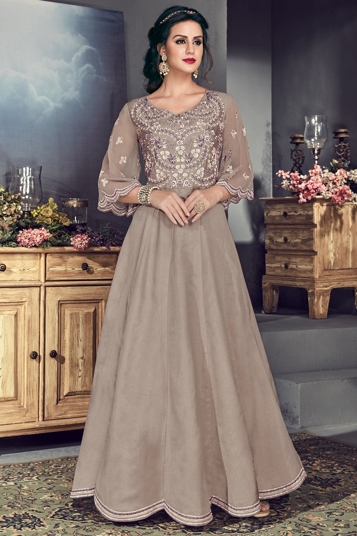 Faint Mauve Tussar Silk Party Wear Anarkali suit